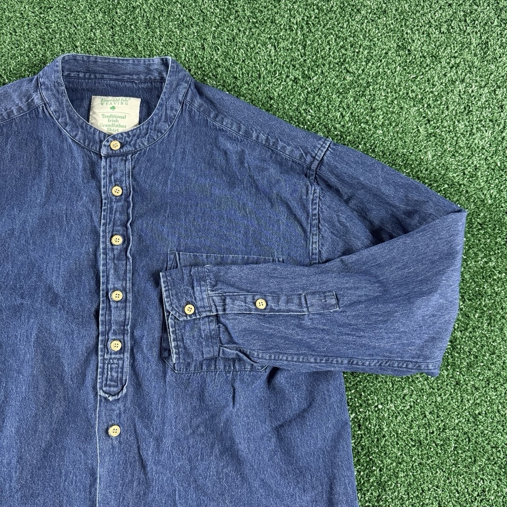 Emerald Isle Weaving Traditional Irish Grandfather Shirt Size Large Blue Denim
